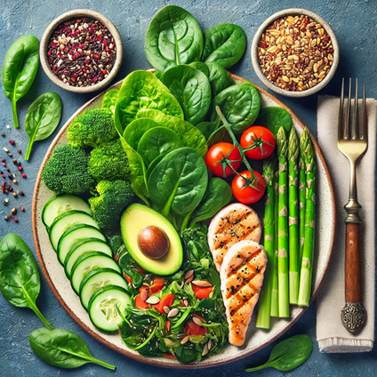 A balanced plate of low-glycemic foods like leafy greens, lean protein, and whole grains.