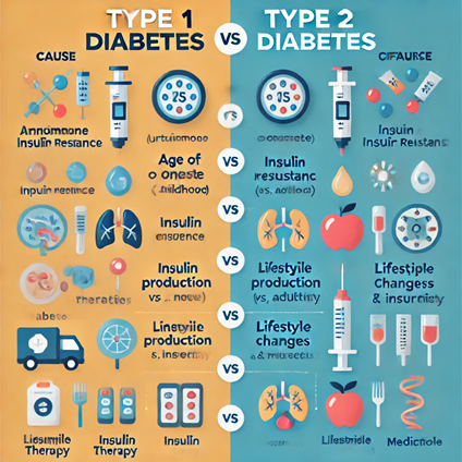 A comparison chart showing the differences between type 1 and type 2 diabetes.