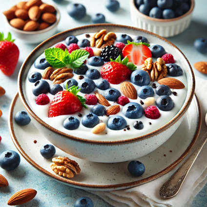 A fresh and healthy image of a Greek yogurt bowl with berries and nuts. The bowl features creamy Greek yogurt topped with vibrant berries like blueber