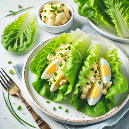 . The image should show crisp lettuce leaves filled with a creamy egg salad mixture, garnished wit