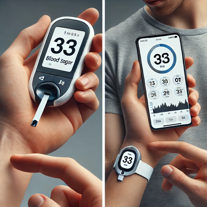 A person checking blood sugar with a glucose meter or wearing a CGM.