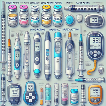 A visual representation of different insulin types and devices like pens, pumps, and vials.