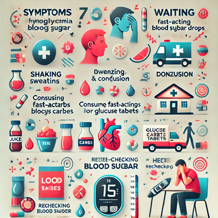 An infographic showing symptoms of hypoglycemia and steps to take when blood sugar drops.