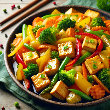 An image of stir-fried tofu with vegetables. The dish features crispy tofu pieces stir-fried with colorful vegetables such as bell peppers, broccoli,