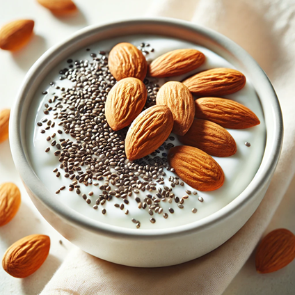 The yogurt is creamy white, and the chia seeds are sprinkled on top, contrast