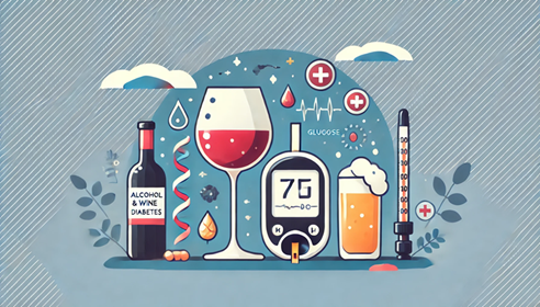 A visual representation for 'Alcohol and Diabetes: What You Need to Know', featuring a glass of wine next to a glucose monitor, highlighting the impact of alcohol on diabetes management