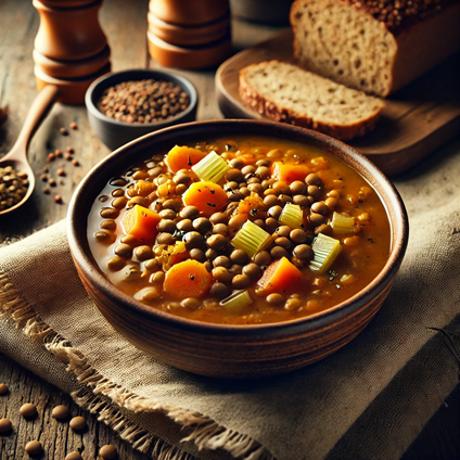 bowl of lentil soup. The soup should feature a rich, hearty texture with visible lentils, carrots, celery, and spices.