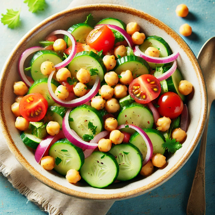  A vibrant image of a chickpea and cucumber salad. The dish features chickpeas, sliced cucumbers, red onions, and cherry tomatoes, all mixed with fresh