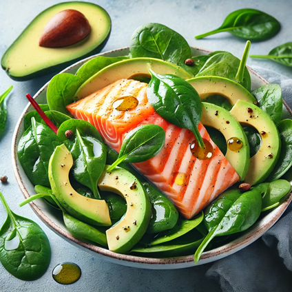 A healthy and appetizing image of a salmon and spinach salad. The salad features fresh spinach leaves topped with grilled salmon, slices of avocado