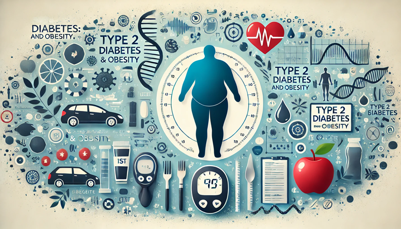 Illustration for 'Type 2 Diabetes and Obesity: What You Need to Know,' featuring an overweight silhouette, a glucose monitor, and symbols of healthy living, like balanced meals and exercise.