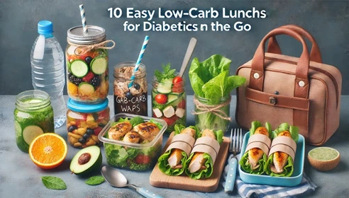 Banner image for '10 Easy Low-Carb Lunches for Diabetics on the Go,' showing portable, healthy lunch options like salad jars, lettuce wraps, grilled chicken, and veggie snacks