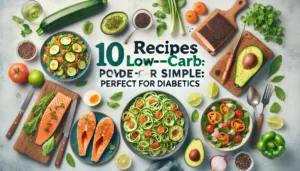 Banner image for '10 Recipes Low-Carb Made Simple: Perfect for Diabetics,' featuring healthy dishes like zucchini noodles, grilled salmon, stuffed bell peppers, and avocado salads.