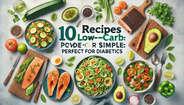 Banner image for '10 Recipes Low-Carb Made Simple: Perfect for Diabetics,' featuring healthy dishes like zucchini noodles, grilled salmon, stuffed bell peppers, and avocado salads.