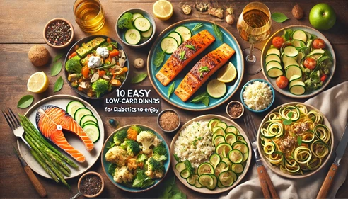 Banner image for '10 Easy Low-Carb Dinners for Diabetics to Enjoy,' featuring appetizing dinner options like grilled salmon with vegetables, zucchini noodles, and cauliflower rice