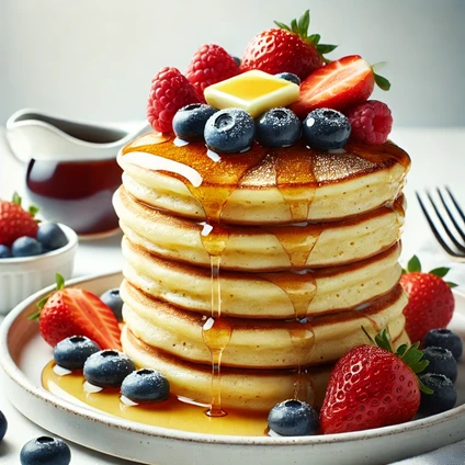 A stack of fluffy almond flour pancakes, drizzled with sugar-free syrup, topped with fresh berries, and a pat of melting butter.