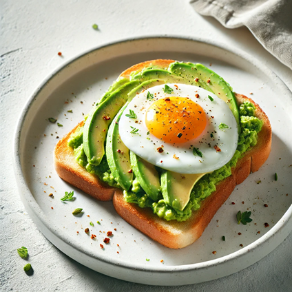 A slice of crispy toast topped with creamy mashed avocado, a sunny-side-up egg, and a sprinkle of chili flakes and fresh herbs.