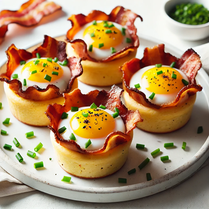 Bacon and egg breakfast cups, golden brown and topped with chopped chives, arranged on a white plate.