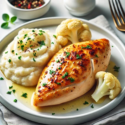 Baked chicken breast with creamy cauliflower mash, garnished with fresh herbs on a white plate.