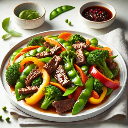 Beef and vegetable stir-fry with bell peppers, broccoli, carrots, and snap peas on a white plate.