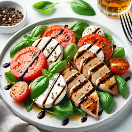 Caprese salad with grilled chicken, mozzarella slices, juicy tomatoes, fresh basil, and balsamic glaze on a white plate.