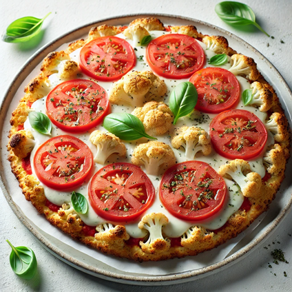 Cauliflower crust pizza with tomato slices, basil, mozzarella, and oregano on a white plate.