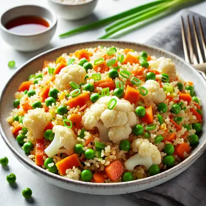 A plate of cauliflower fried rice mixed with peas, carrots, and bell peppers, topped with sliced green onions