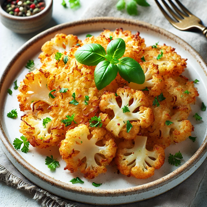 Crispy cauliflower hash browns, golden brown and garnished with fresh chopped herbs, arranged on a white plate