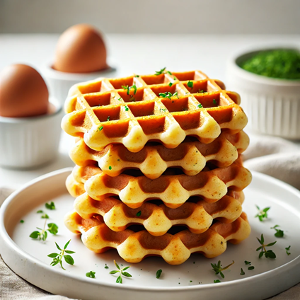 Golden brown chaffles stacked on a white plate, crispy and garnished with chopped green herbs.