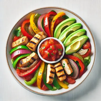 A chicken fajita bowl with grilled chicken, sautéed bell peppers, onions, avocado slices, and a scoop of salsa on a white plate.