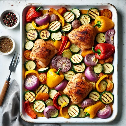 Roasted chicken with bell peppers, red onions, and zucchini on a white plate.