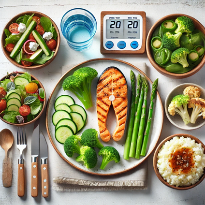 A plate of healthy low-carb meals, featuring grilled salmon, sautéed green vegetables, a mixed salad, and cauliflower mash