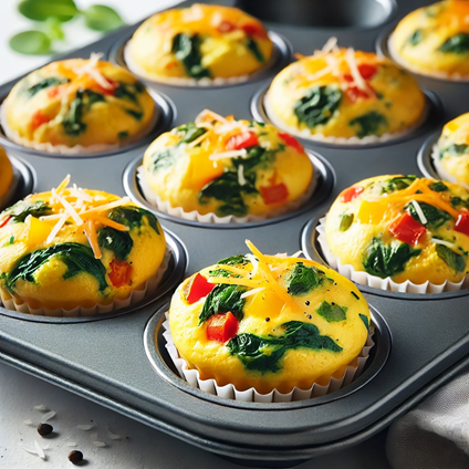 Freshly baked egg muffins in a muffin tray, golden brown and filled with diced bell peppers, spinach, and shredded cheese.