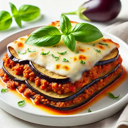 Eggplant lasagna with layers of eggplant, tomato sauce, ground beef, and melted cheese, garnished with fresh basil on a white plate