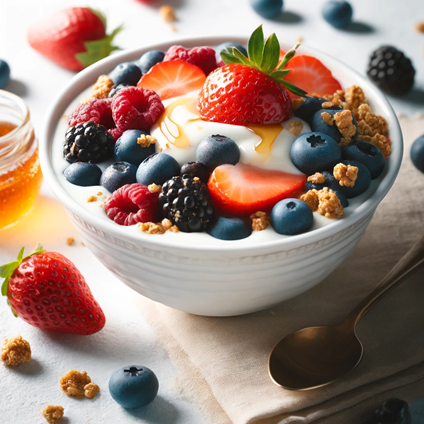 A bowl of Greek yogurt topped with fresh strawberries, blueberries, blackberries, a drizzle of honey, and a sprinkle of granola