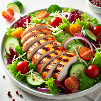 A vibrant grilled chicken salad with mixed greens, cherry tomatoes, cucumber, red onion, and shredded cheese on a white plate