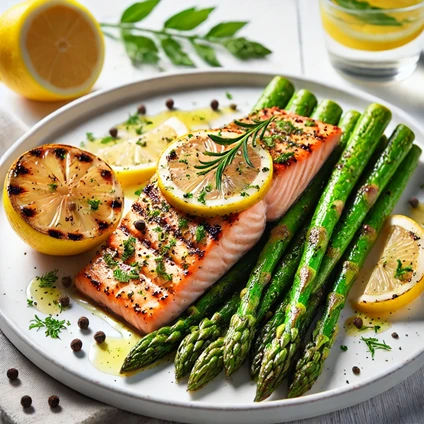 Grilled lemon herb salmon served with roasted asparagus, garnished with lemon slices and fresh herbs on a white plate.