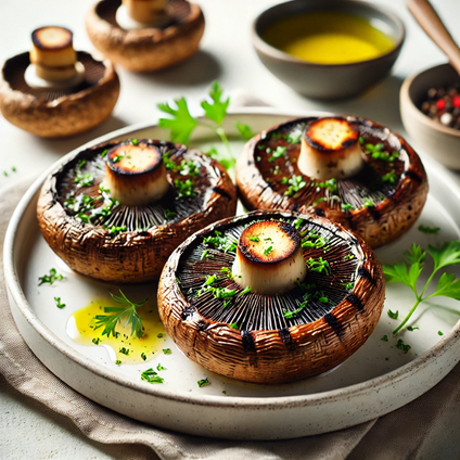 Grilled Portobello mushroom caps garnished with herbs and a drizzle of olive oil on a white plate.