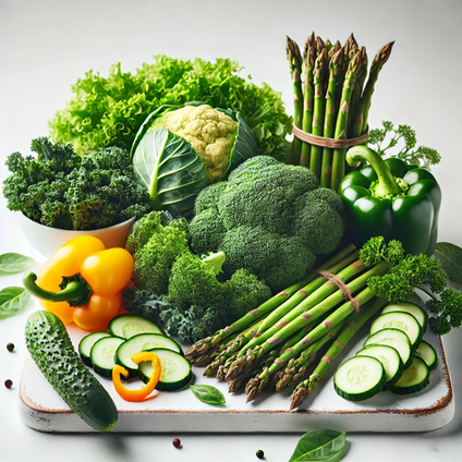 A collection of high-fiber, low-carb vegetables, including broccoli, kale, bell pepper strips, asparagus, and sliced cucumbers on a white cutting board.