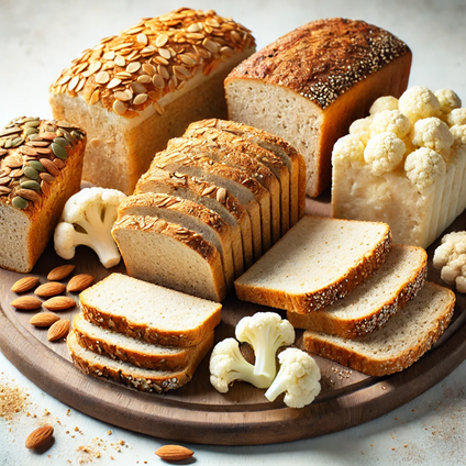 An assortment of low-carb bread options, including almond flour bread, seed-based loaves, and cauliflower-based bread, arranged on a wooden board.