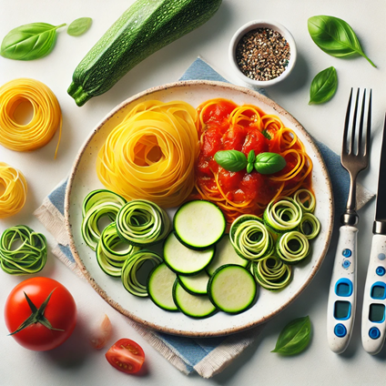 A plate of low-carb pasta alternatives, including zucchini noodles, spaghetti squash, and shirataki noodles, with tomato sauce and fresh basil