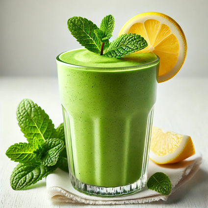 A vibrant green low-carb smoothie in a tall glass, garnished with a sprig of mint and a slice of lemon on the rim