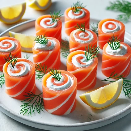 Smoked salmon roll-ups with cream cheese, garnished with fresh dill and a wedge of lemon, arranged on a white plate.