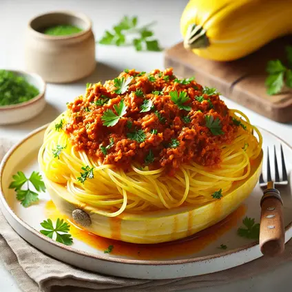 Spaghetti squash Bolognese topped with a meaty sauce and garnished with fresh parsley on a white plate.