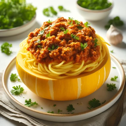 Golden strands of spaghetti squash topped with Bolognese sauce, garnished with parsley on a white plate.