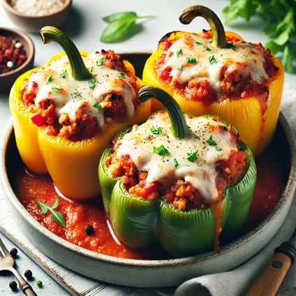 Stuffed bell peppers filled with ground turkey, rice, tomato sauce, and topped with melted cheese on a white plate.