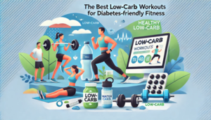 anner image for 'The Best Low-Carb Workouts for Diabetes-Friendly Fitness,' showing a person jogging or doing yoga, with water bottles and a motivational background