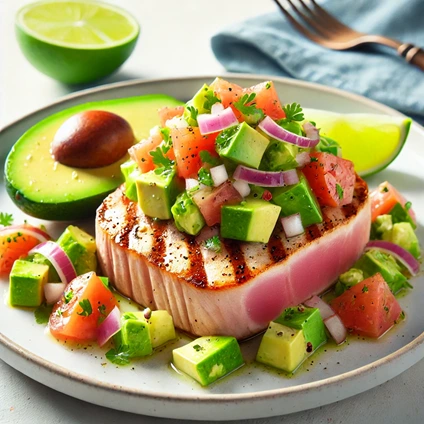 Seared tuna steak topped with avocado salsa, including diced avocado, tomatoes, and lime on a white plate.