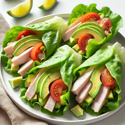 Crisp lettuce wraps filled with sliced turkey, creamy avocado, diced tomatoes, and a hint of lime on a white plate.