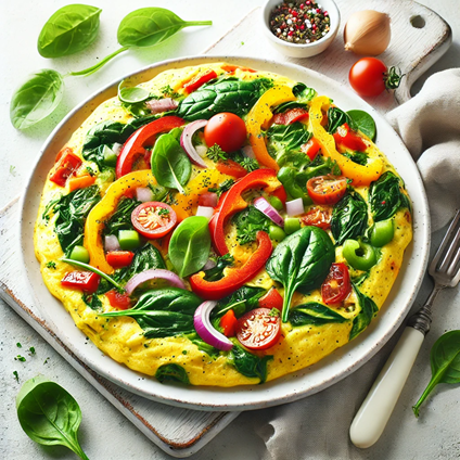 A colorful veggie omelette filled with bell peppers, onions, spinach, and tomatoes, served on a white plate with a sprinkle of fresh herbs