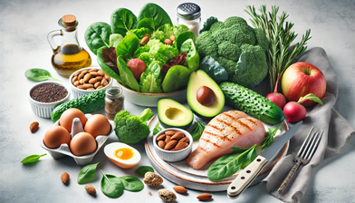 Banner image for 'Best Low-Carb Foods for Diabetics,' featuring healthy foods like leafy greens, grilled chicken, avocados, and nuts on a bright background.